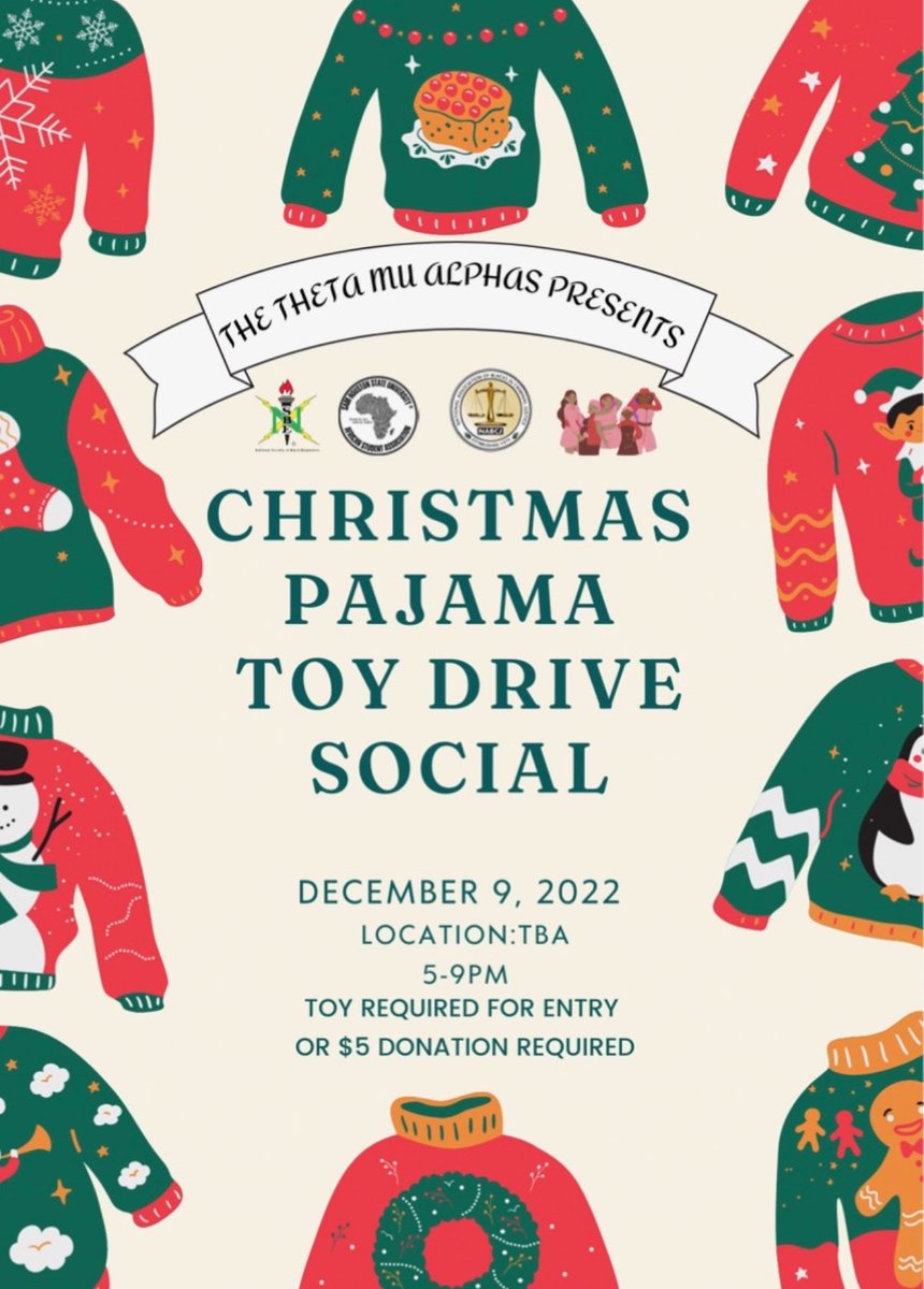 We are excited to be apart of this collaboration with <a href="/ThetaMuAlphas/">Theta Mu Alphas</a> <a href="/NSBE_SHSU/">NSBE SHSU</a> <a href="/SHSU_ASA/">SHSU ASA</a> and <a href="/__AsWeAre/">SHSU AWA✨</a>

This event will be solely focused around our little ones! For entry it is required to bring a toy or you can donate $5. All proceeds and toys given will go to kids in need💛