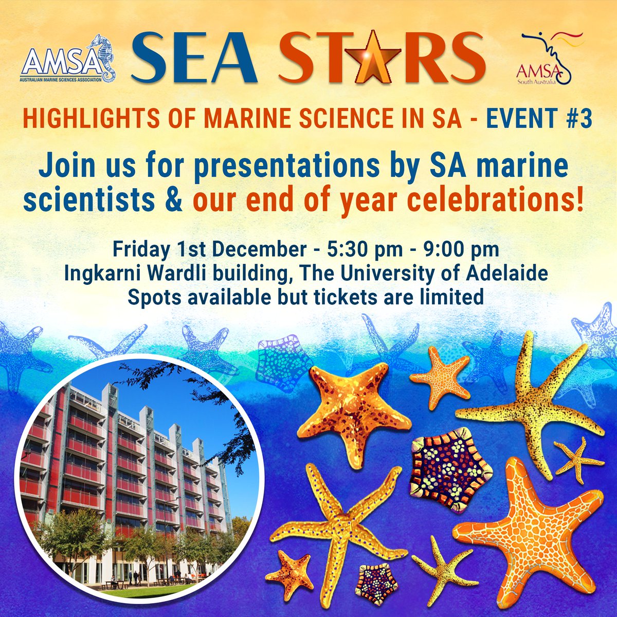 It's nearly time! 🌟⭐️✨ 'Sea Stars' Event #3 will be held this Friday 1st December at The University of Adelaide! Eat, drink & mingle during our end of year social mixer 🥂 We have amazing presenters lined up, so don't miss out. Tickets are limited: bit.ly/3QtdELv