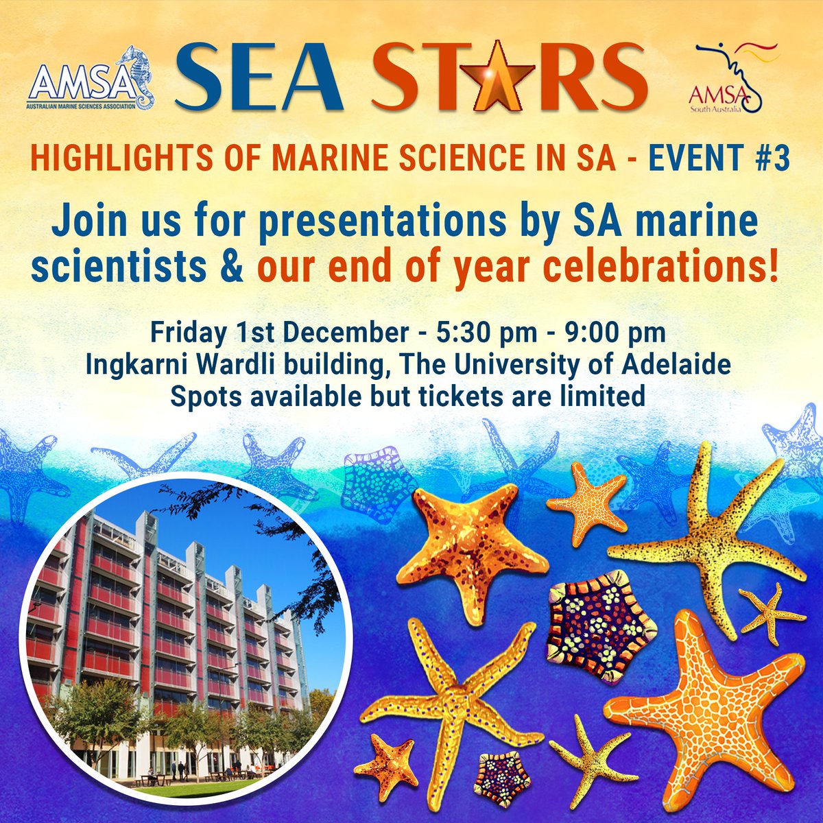 MarineScienceSA's tweet image. It's nearly time! 🌟⭐️✨

'Sea Stars' Event #3 will be held this Friday 1st December at The University of Adelaide! 

Eat, drink &amp;amp; mingle during our end of year social mixer 🥂 

We have amazing presenters lined up, so don't miss out. Tickets are limited: bit.ly/3QtdELv