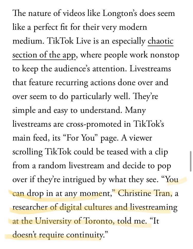 Pleased to be quoted in this <a href="/TheAtlantic/">The Atlantic</a> article about TikTok Live’s “workstreaming” trend &amp; the rise of broadcasting ourselves /for/ work! 🤳