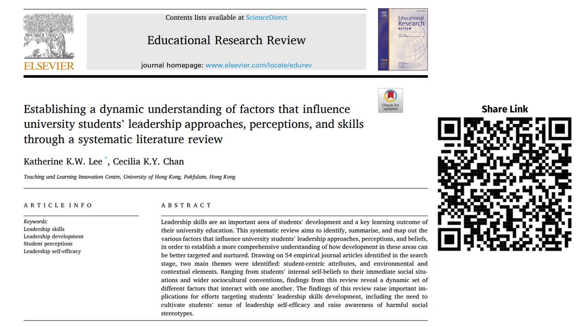 Katherine KW Lee (@katherinekwlee) on Twitter photo What influences uni students' #leadership approaches, perceptions, and skills development? In this sys lit review, <a href="/CeciliaKYChan/">Cecilia KY Chan</a> & I uncover a dynamic web of interacting factors with implications for research & programme design.
Full access till 14 Jan: authors.elsevier.com/a/1i909,dlbRkf… What influences uni students' #leadership approaches, perceptions, and skills development? In this sys lit review, <a href="/CeciliaKYChan/">Cecilia KY Chan</a> & I uncover a dynamic web of interacting factors with implications for research & programme design.
Full access till 14 Jan: authors.elsevier.com/a/1i909,dlbRkf…