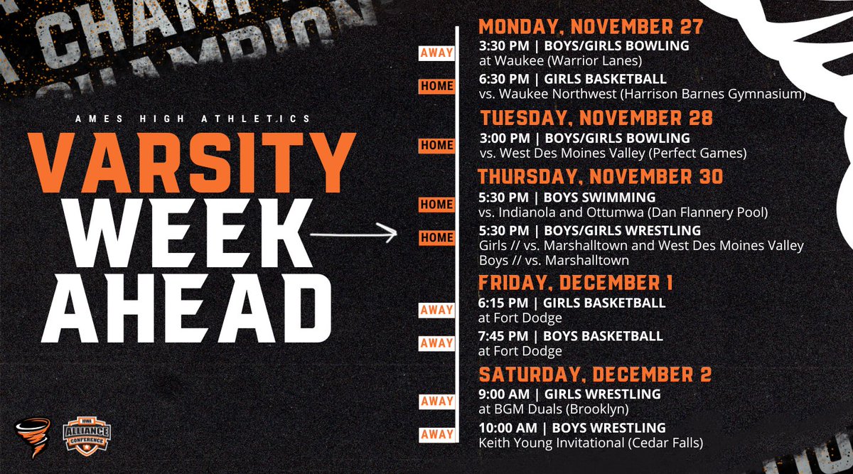 AmesAthletics's tweet photo. 𝑉𝑎𝑟𝑠𝑖𝑡𝑦 𝑊𝑒𝑒𝑘 𝐴ℎ𝑒𝑎𝑑🌪️

⇒ Home girls basketball Monday
⇒ Home bowling Tuesday
⇒ Home wrestling and boys swim Thursday
⇒ State dance championships in Des Moines on Friday

🗓️ https://t.co/Va7cDBGMKB

#AChampionshipTradition https://t.co/BC5EkA9sXf