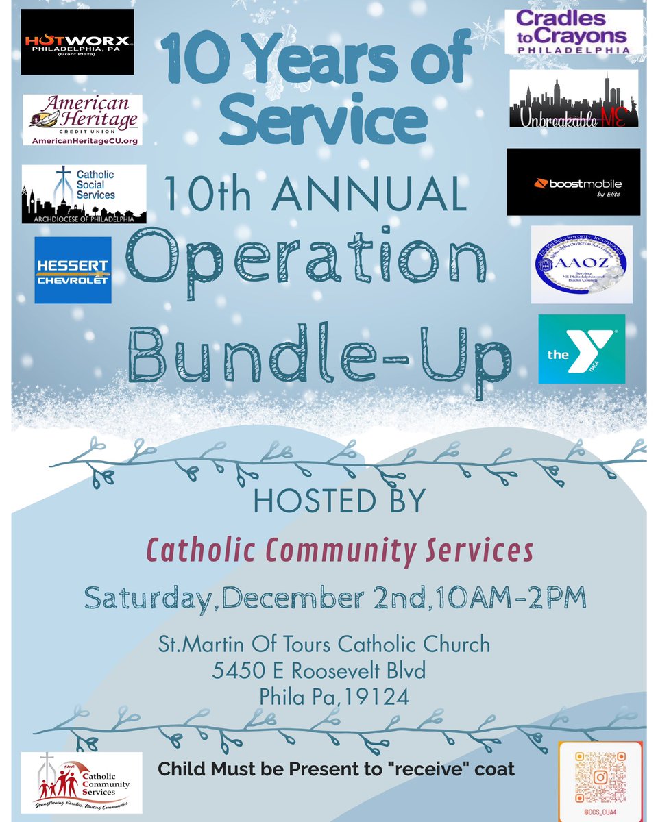 vtruongcao's tweet photo. Operation Bundle-Up!
🚨Saturday, 12/2
⛪️ St. Martin of Tours Catholic Church
📍5450 E Roosevelt Blvd.
⌚️10 am to 2pm
Free warm winter coats for children, refreshments, snacks, give-aways & raffles & more! @seanlee9 @boost_elite
#boostmas #getafterit #coatdrive #philly https://t.co/9jHhvyCntR