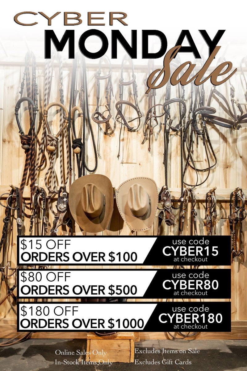HarrisLeather's tweet photo. ⚡️CYBER MONDAY! ⚡️
Nothing feeds the soul like a stocked and organized tack room! 
Save $15 off orders of $100 or more w/  code "CYBER15"
Save $80 off orders of $500 or more w/ code "CYBER80"
Save $180 off orders of $1000 or more w/ code "CYBER180"

Only @ https://t.co/JDkbjLLyul https://t.co/7hZlF2usju
