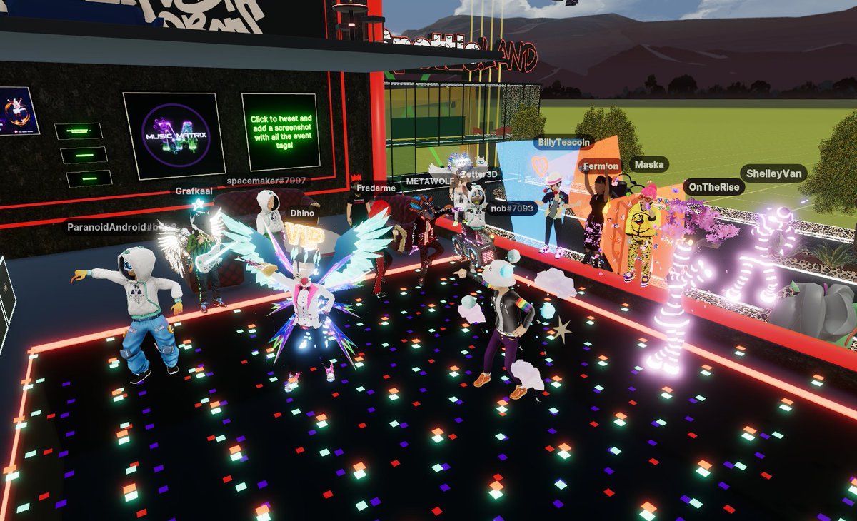 MetaWolfDCL's tweet photo. Jump into the #TRUBandRoom to join the LIVE interview with @SinfulMeatStick, @teenybod, and guest, @RoCkY2GriMeY__!
#MusicMatrix | @Uniquehorns_nft 

[100,77] in #Decentraland #DCLFam https://t.co/yRHmOlSSHN