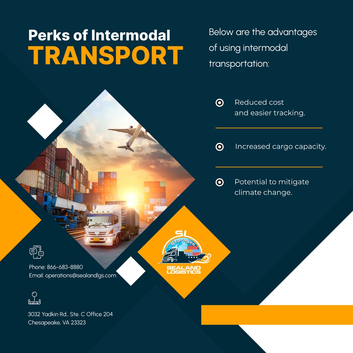Intermodal transportation entails the shipment of large-sized goods in steel-based containers. Intermodal transfer may entail shipment via railways, ships, and trucks.

#ChesapeakeVA #FreightServices #IntermodalTransport #LargeSizedGoods #SteelBasedContainers