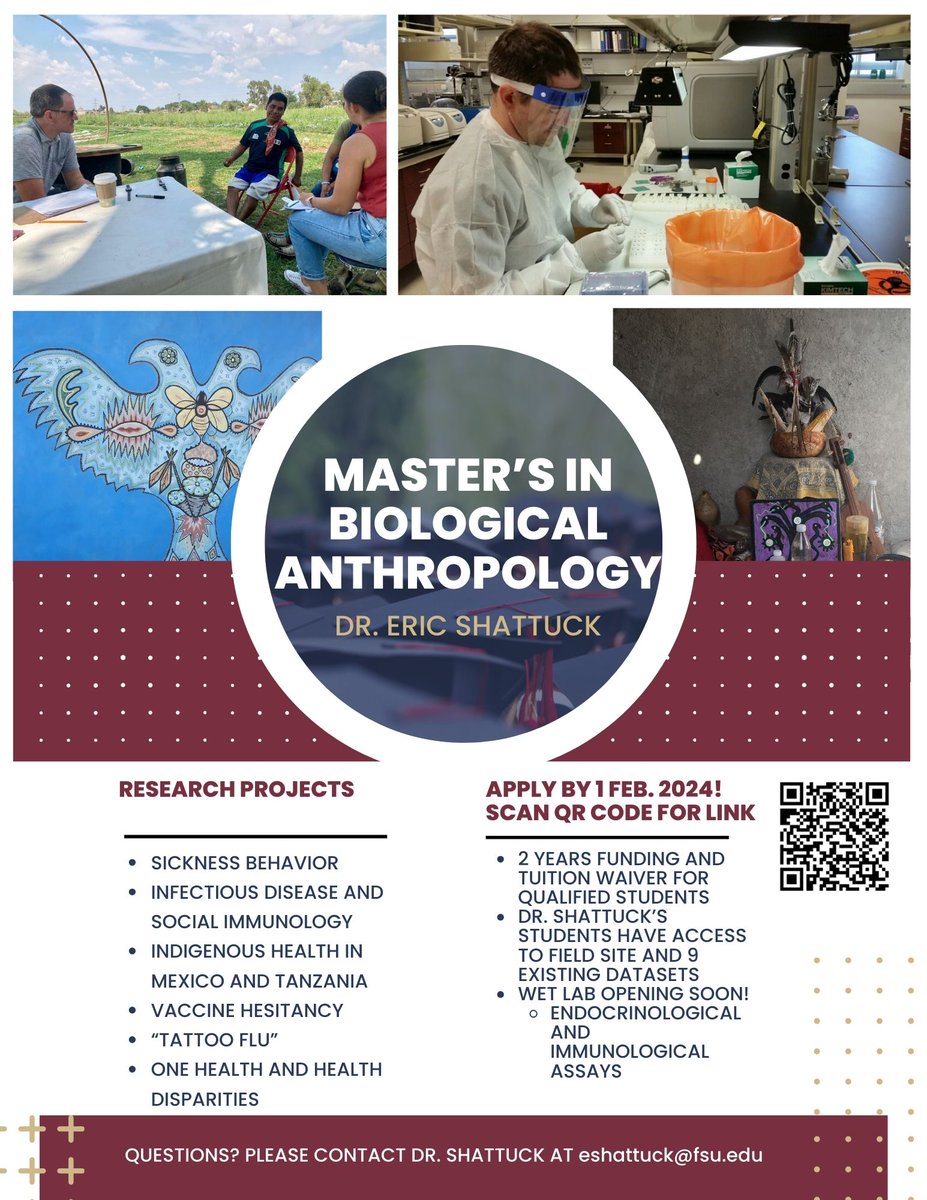 Looking to do a Master's in #bioanth and interested in health, evolutionary medicine, and biocultural approaches? Apply to work with me at FSU! @BiologicalAnth @HumBioAssoc @ISEMPH