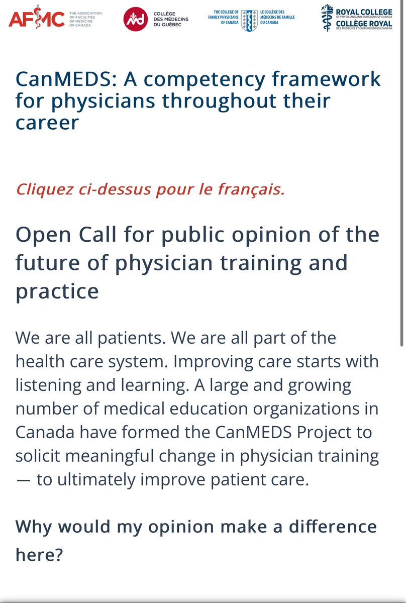 Do you, as a patient or user of health care in Canada, believe health equity is critically important and should be included in physician training?

If so, please fill out this @CFPC_e CanMEDS survey and have your voice heard. 

survey.alchemer-ca.com/s3/50210723/Ca…