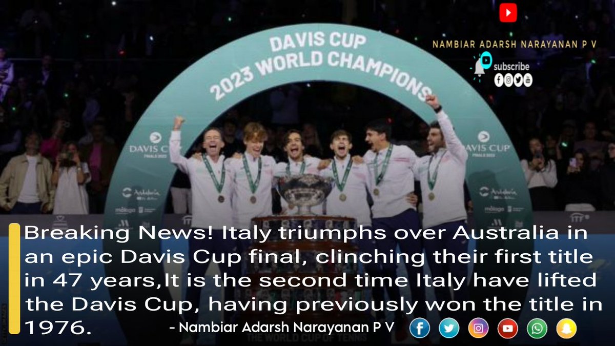 What a historic moment for #Italy! In an exhilarating Davis Cup final, Italy emerges victorious, defeating Australia and securing their first title in 47 years!#NambiarAdarshNarayananPV  #DavisCupFinal #ItalyChampions @FederBadminton @DavisCup @BAI_Media @BadmintonIndia