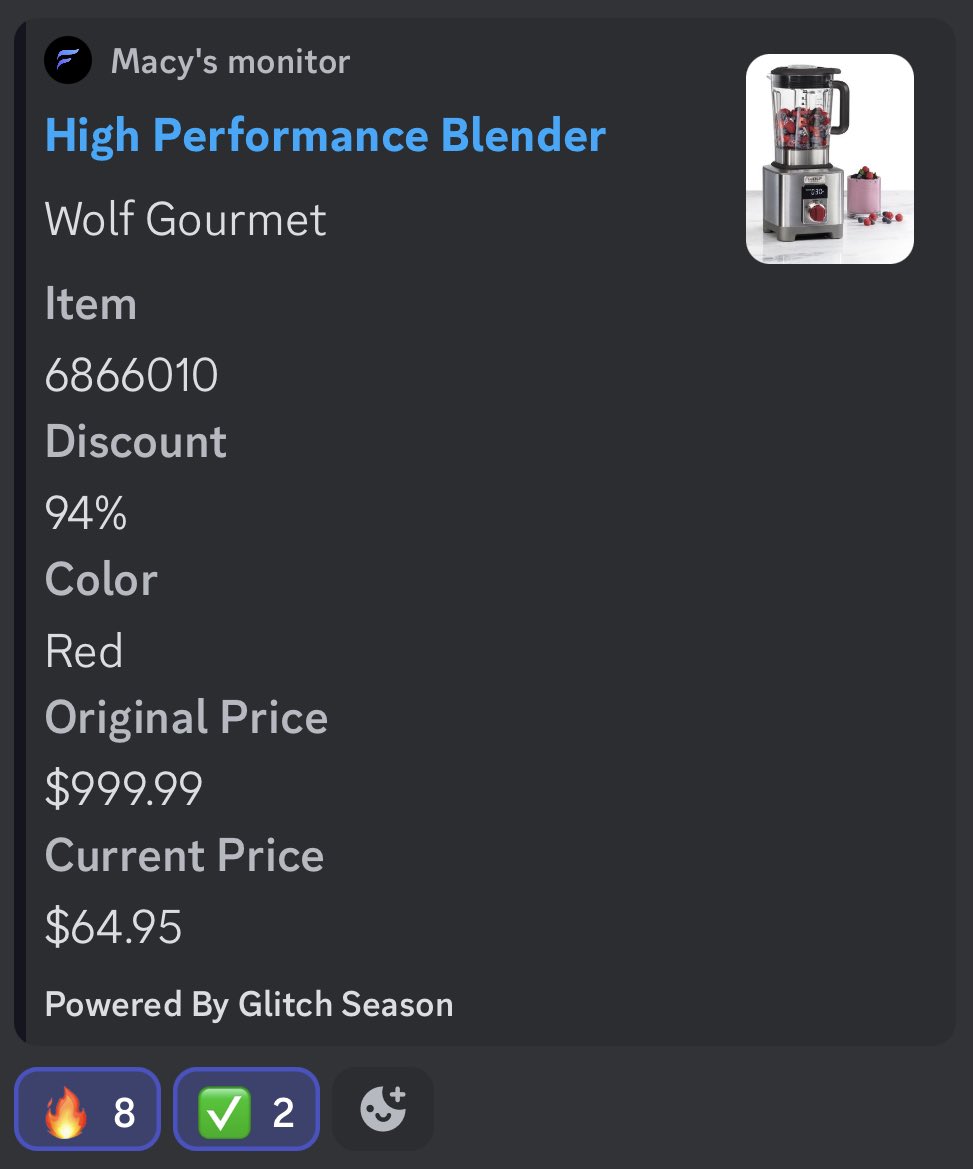 glitchtoriches's tweet photo. 94% OFF $1,000 BLENDERS 😳

We created a Price Error monitor for Macys &amp; it does NOT disappoint.

Last week, it caught a HUGE error on $1k+ blenders for only $65 each..

Members bought out all of the stock and we are now reselling them for a 515% ROI💰

Did you know about this? https://t.co/7sD9ssivwb