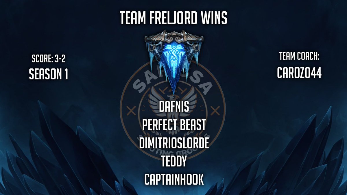 TEAM FRELJORD IS YOUR #SARISSA SEASON 1 CHAMPIONS! 

A massive shoutout to:

<a href="/Dafnis_lol/">DafnisK</a> 
<a href="/perfectbeastxd/">PerfectBEAST</a> 
@Dimitrioslorde 
<a href="/EDDYT1411/">yddeT</a> 
<a href="/sakhslantern/">Captain Hook</a> 

As well as coach <a href="/Carozo44LoL/">Carozo44</a> for this massive lower bracket run! 

Thank you for watching and we will see you in Season 2 🫡