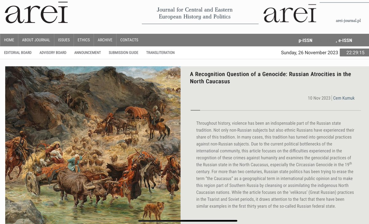 AREI_Journal's tweet photo. An extremely interesting, but also very sad story of how Russia carried out the Circassians (also Cherkess or Adyghe) genocide and how it tried to erase the memory of it. Written from archival sources - an article by Cem Kumuk in the latest issue of AREI https://t.co/kgYLpInGp2 https://t.co/u63RySBJdb