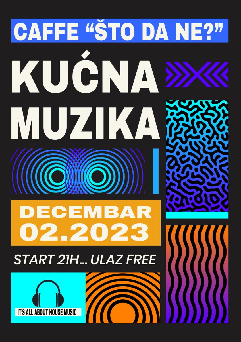 DA UDJEMO U DECEMBAR MESEC VESELI I NASMEJANI, KUCNA MUZIKA I "STO DA NE?" ORGANIZUJU PARTY🤠🍸🎛🎧
SUBOTA 02. DECEMBAR
START 21H
KKKKUCNA MUZIKA IN D MIX 🎚