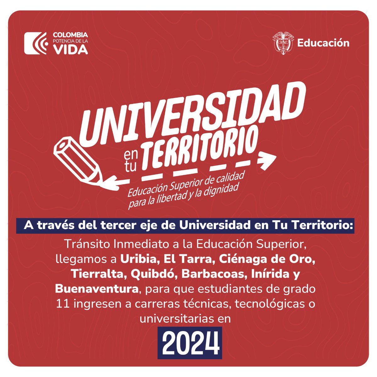 Mineducacion's tweet photo. #DíaMundialDelAccesoALaEducaciónSuperior l Con la articulación entre la media y la educación superior planteada en #UniversidadEnTuTerritorio promovemos el acceso inmediato de poblaciones vulnerables a las IES de las regiones.

Conoce más ➡️ https://t.co/Vyn3D4DcjQ… https://t.co/MDFdpQJ2Kw