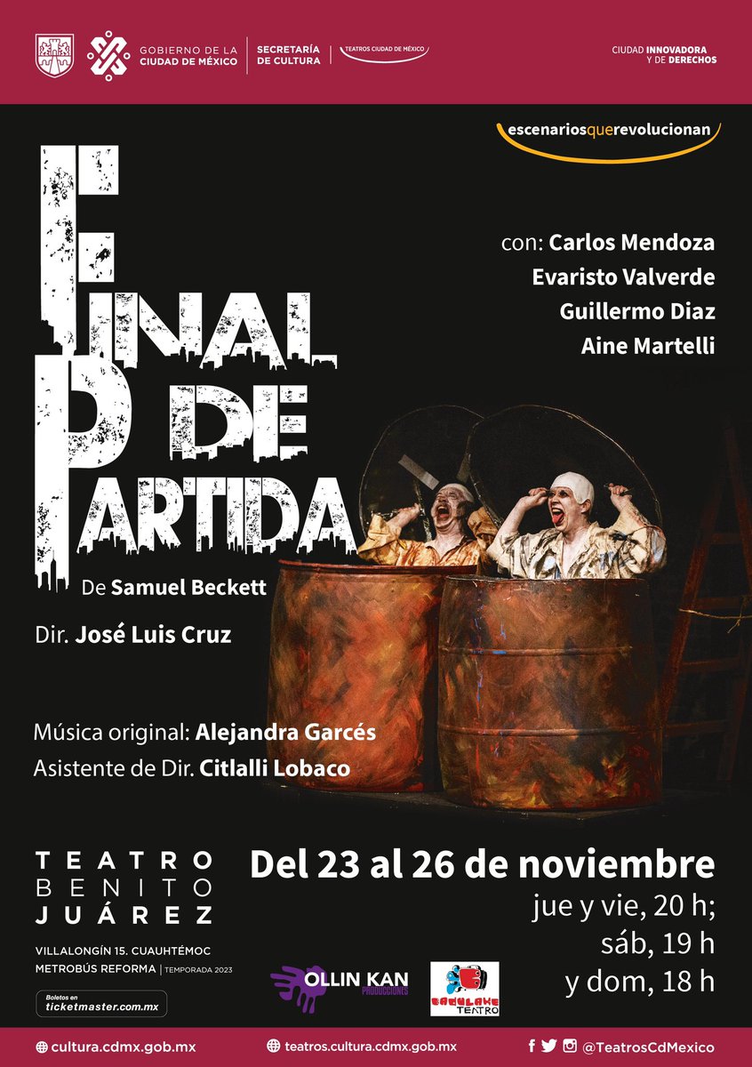TeatrosCDMX's tweet photo. #FinalDePartida, de Samuel Beckett, nos permite vislumbrar la decadencia y la pérdida de humanidad en una familia de cuatro integrantes Hamm, Clov, Nagg y Nell encerrados en un búnker.

Hoy última función 18 horas en el #TeatroBenitoJuárez.
🎟️ https://t.co/Iscc7SvSN3 https://t.co/kzig2yQzC2