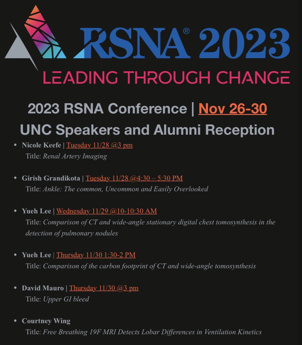 Come check out <a href="/UNCRadiology/">UNC Radiology</a> speakers at <a href="/RSNA/">RSNA</a> #RSNA23. Looking forward to connecting with everyone.