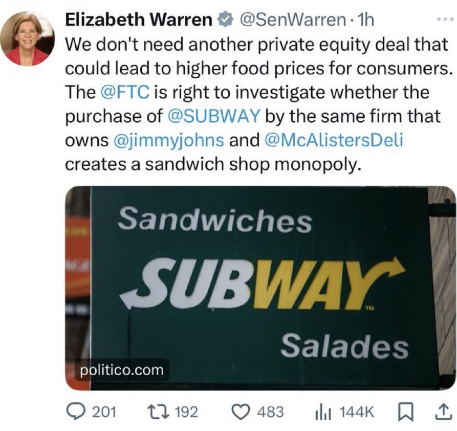 Elizabeth Warren is right about the FTC's Subway investigation