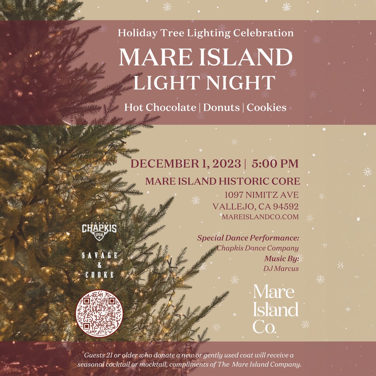 Join us under the twinkling lights at Mare Island Historic Core for a magical Holiday Tree Lighting Celebration on December 1, 2023.