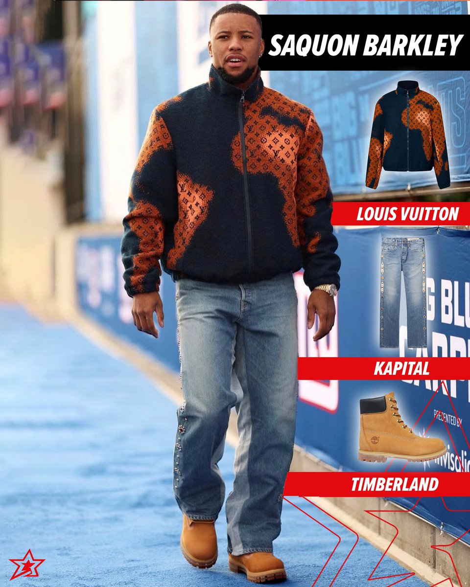 Protrending's tweet photo. #SaquonBarkley headed into Week 12 styling in a #LouisVuitton jacket, #Kapital embellished jeans, and #Timberland boots ahead of #Giants x #Patriots game. #protrending #stylelikeapro 
(📸 @mattswen ;🎨 @lesusmcphearson ) https://t.co/bRrtvS08tV