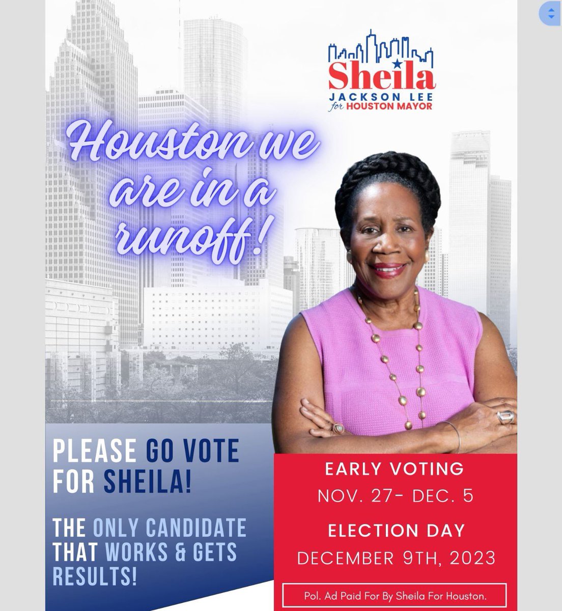 drlingluo's tweet photo. Sheila’s Achievements and Contributions 

Here is a list to start with:

She was part of the first class of women to ever attend Yale

Authored and passed bipartisan legislation making Juneteenth a federal holiday.

Helped to secure $100 billion in relief after Hurricane Harvey, and vocally opposed the Trump Administration’s effort to redirect those funds to building a border wall.

Worked with all levels of government, including FEMA, to set up, provide, and manage Covid testing, PPE, and vaccine infrastructure across Houston, ensuring all communities had access.

Lobbied successfully for a $900M funding grant to expand HTX light rail system with ambitions to extend to the airport.

A breast cancer survivor herself, she authored and passed the Triple Negative Breast Cancer Research and Education Act providing funds for education and research.

Voted for over $4 billion in funding for state and local law enforcement in FY 2023 alone.

Voted For Increasing Funding for Special Education Program Grants by $1 Billion.

Voted to authorize $100 billion for Housing and Urban Development Department emergency housing assistance grants to support state and local rental assistance programs for individuals at risk of homelessness.

Congresswoman Jackson Lee's major legislative initiatives include the Sentencing Reform Act, the George Floyd Law Enforcement Trust and Integrity Act, The RAISE Act, The Fair Chance for Youth Act, the Kimberly Vaughan Firearm Safe Storage Act, Kaleif's Law, the American RISING Act.

She has also introduced the Juvenile Accountability Block Grant Reauthorization and Bullying Prevention and Intervention Act, the Federal Prison Bureau Nonviolent Offender Relief Act. 

She is a champion for women and children, supporting the Paycheck Fairness Act and the Pregnant Workers Fairness Act and introducing an amendment to funding bills that provides for outreach to minority- and women- owned businesses concerning business opportunities in the commercial space industry, and authored the Triple-Negative Breast Cancer Research and Education Act.

She was named by 'Congressional Quarterly' as one of the 50 most effective Members of Congress. The 'U.S. News and World Report named her as one of the ten most influential legislators in the U.S. House of Representatives. 

She is a founder, member, and Chair of the Congressional Pakistan Caucus and the Congressional Children's Caucus. 

She is also chair of the Congressional Black Caucus Energy Braintrust, Co-Chair of the Justice Reform Task Forces.

Please share and educate our voters why we should vote for Congresswoman Sheila Jackson Lee to be our next mayor!