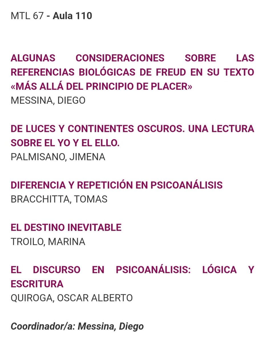 EscuelaUba's tweet photo. Otra mesa!
Jueves 30/11, 9hs
Aula 110 IND
Pueden ir de oyentes, o inscribirse y recibir certificado.
No se graban ni se transmiten online.
.
.
.
#escuelafrancesa #psicoanalisis #psicologia #congresopsicologia #rabinovich #olaso #lacan #freud #ubaldini #quiroga #sanchez #albornoz https://t.co/ocfVtwtyZK
