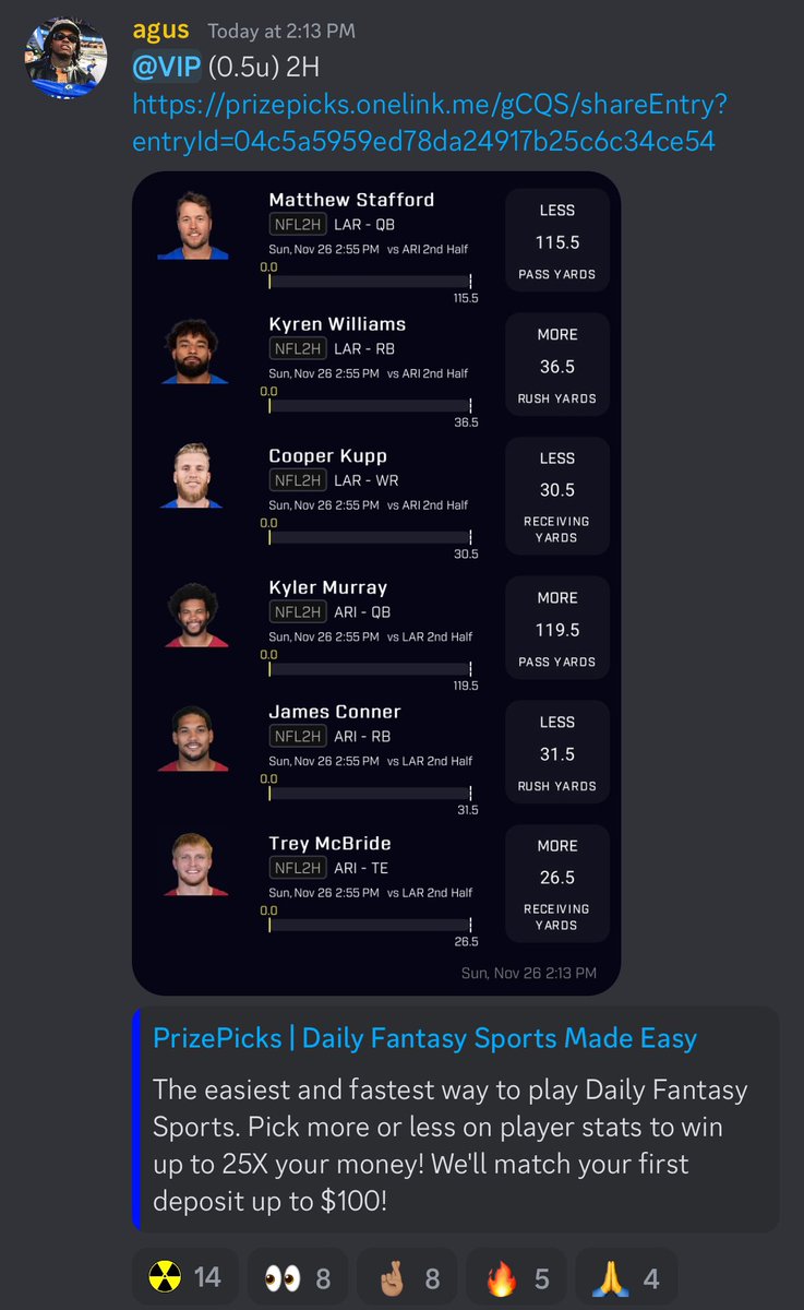 1of1agus's tweet image. Just posted insane value in the discord, make sure to sign up with the link below to cash out these live plays with us! ⤵️

📊 𝗙𝗥𝗘𝗘 𝗧𝗥𝗜𝗔𝗟 📊
whop.com/1of1dfs/

If the 25x cashes I’ll give someone who likes this post $25! ✅

#PrizePicks #NFL #DFS
