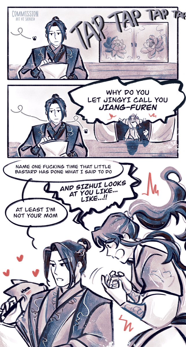 Commission All/JC 🤭 for @/spriteofmushrooms
R.I.P. Jin Ling

This was the most interesting commission I've had in a long time. I LOVE drawing silly comics. Thank you for this opportunity!

#JiangCheng #LanJingyi #LanSizhui #OuyangZizhen #JinLing #sairusb