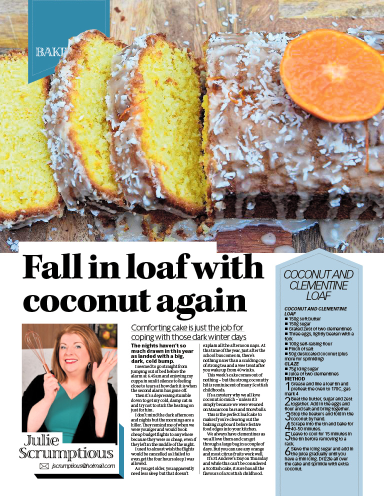 This week's @Sunday_Mail baking column - just the thing to snuggle up with on a chilly afternoon. Coconut and clementine cake with thanks to @vikkipix whose boys loved it too.