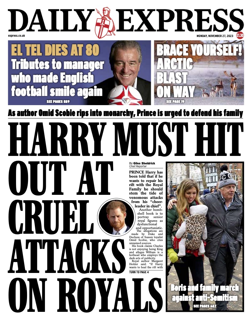 Monday's Express Front Page - Harry must hit out at cruel attacks on royals
