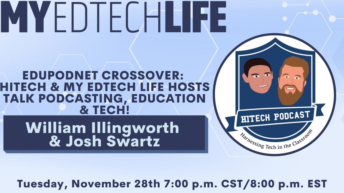MyEdTechLife's tweet photo. ๐ Join us on Tuesday night for a great episode!
๐@EduPodNet Crossover: @hitechpodcast & @MyEdTechLife hosts unite!
Dive into a fantastic conversation about #podcasting, #education, and #edtech.
Don't miss out as we blend expertise and fun in this one-of-a-kind episode.
Tune in and join the adventure! ๐ง
#EdTech #PodcastCrossover