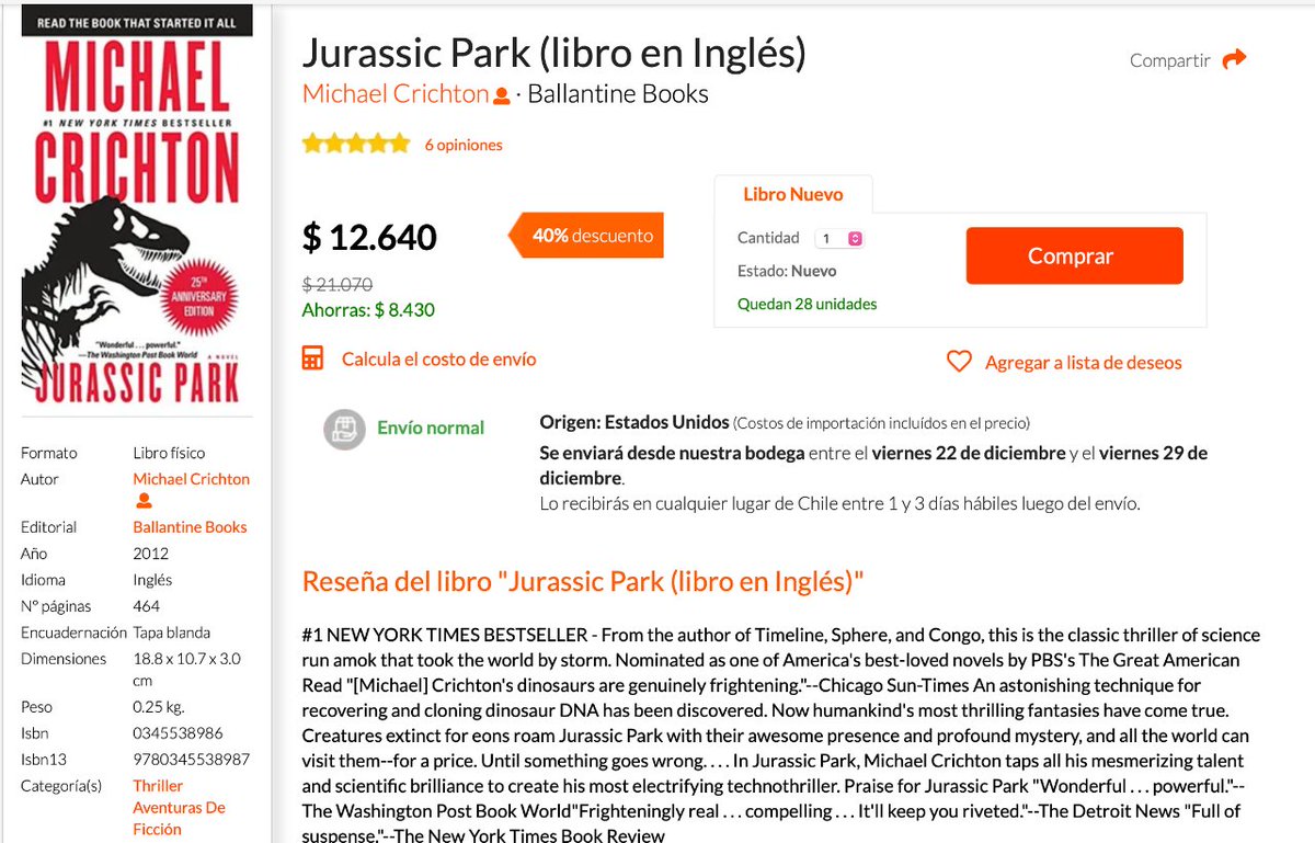 #BlackFridayRata 🦖 Jurassic Park (libro en Inglés) bajó a $12.640 con todo medio de pago en Buscalibre.

➡️ descuentosrata.com/oferta/9466/ju…