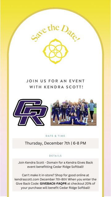 🎄🎁All you holiday shoppers need to head to the Domain on 12/7 from 6-8 or shop online using the code! Help support the Lady Raiders! <a href="/CedarRidgeHigh/">CRHS</a>