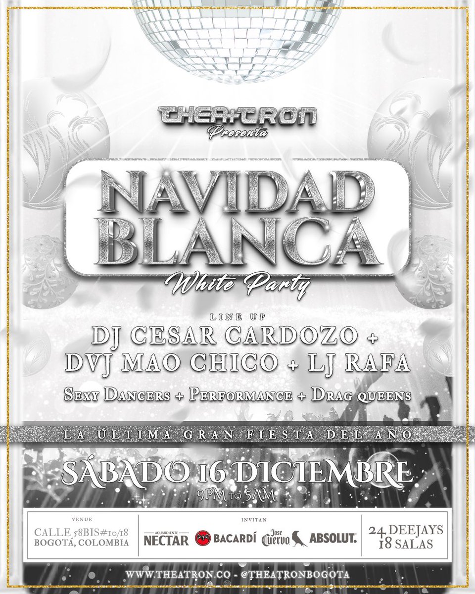 “Navidad Blanca”
La última gran fiesta del año

Sábado 16 de diciembre 

Una mega produccion al mejor estilo Theatron

Vístete de blanco para celebrar la ultima gran fiesta del año

Produce <a href="/fernandokoral/">koralito</a> 

Theatron de película siempre te da más!!!