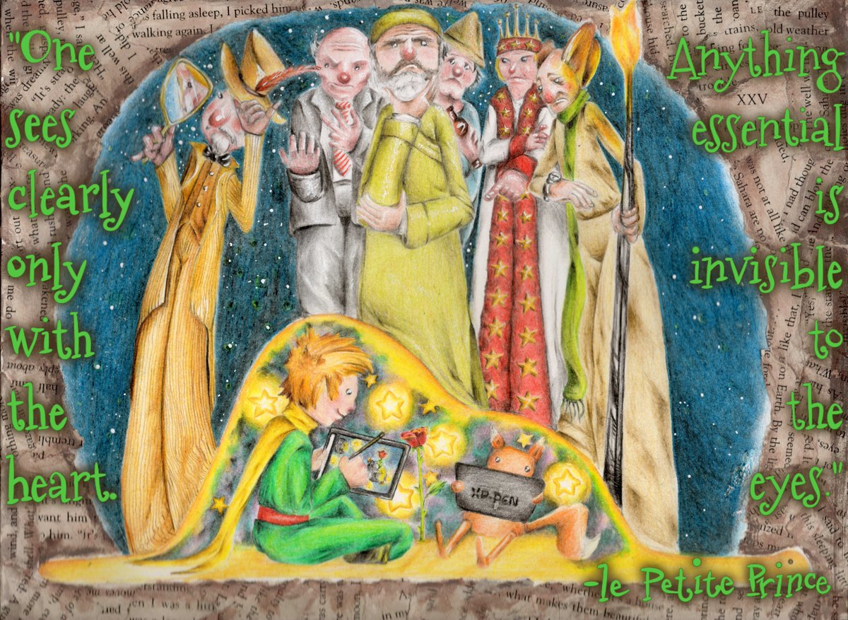 iHellcandy's tweet photo. My entry for #lepetitprincexppen. Done in color pencils and a little collage work on the border to represent a story that never ends. The grownups are unhappy and unable to assist the prince, while the prince is joyful while he recreates his own reality. https://t.co/A8ClddDlQW