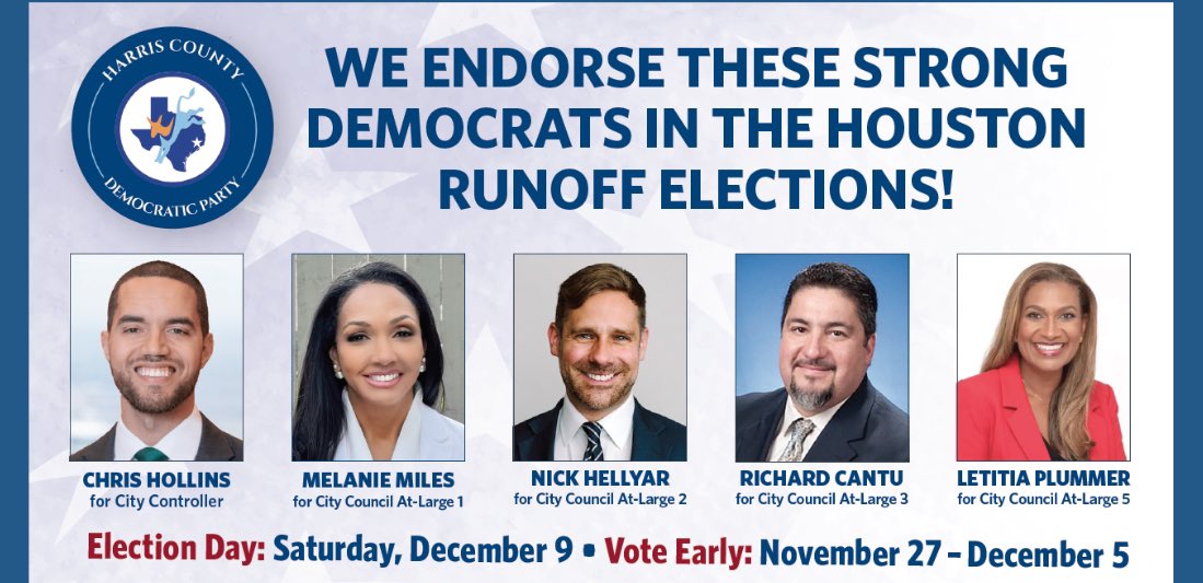 CIAHTX's tweet photo. Here are the Democrats running against only a Republican in Houston runoffs. Early voting starts tomorrow. Election Day is 12/9. All elections are partisan. Please share word with all likely Democratic voters you know. #CIA2023 https://t.co/mf7FNs0386
