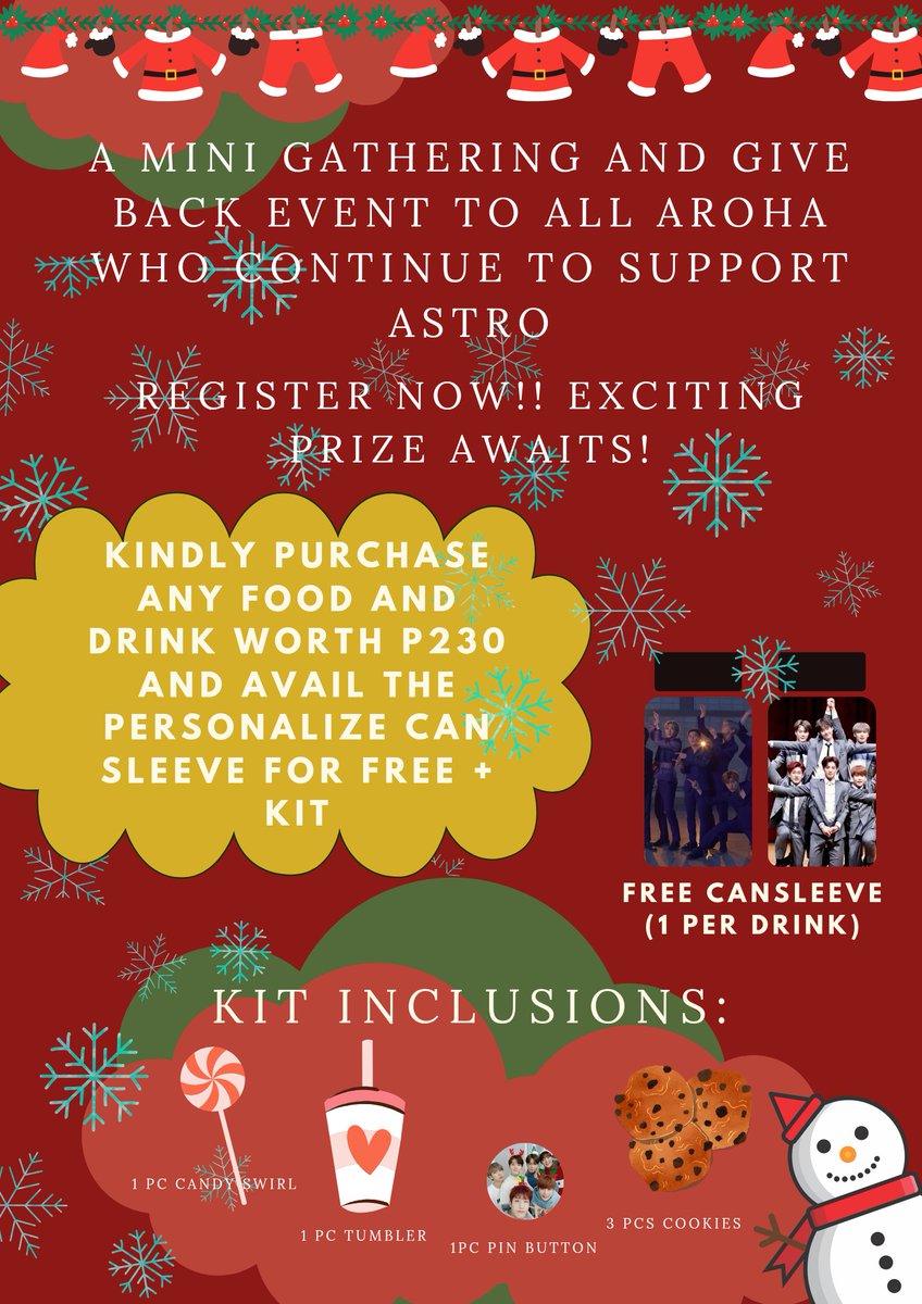Hello Aroha!

Christmas is fast approaching! Let's have a simple token of celebration to all AROHA who continues supporting ASTRO and our fanbases. 

📣: Christmas Event with AAF
📆: December 16, 2023 
🕑: 2PM to 6PM
📍: Drink Lab Cafe - Formerly Smile to Go

Registration: P150