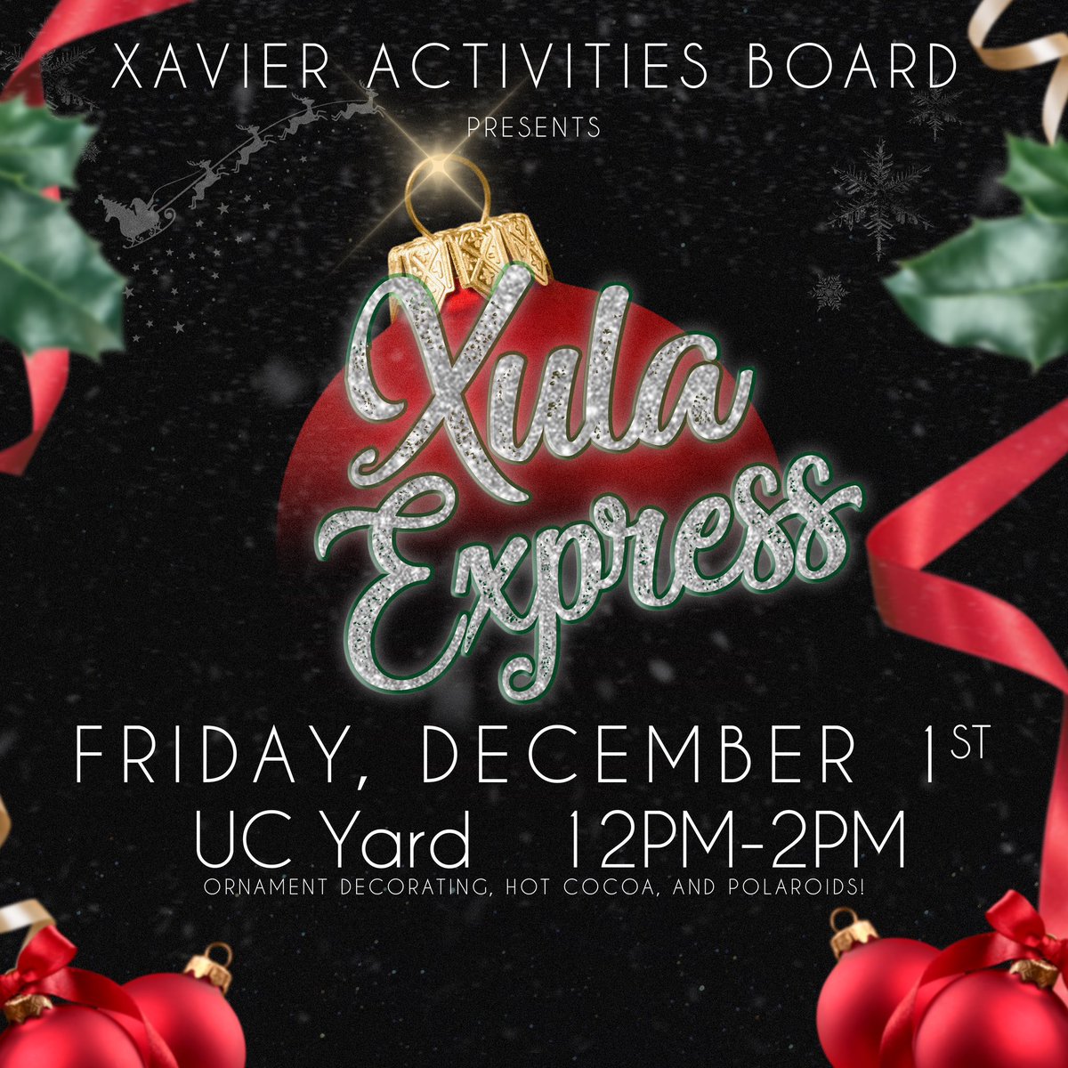 Join XAB this Friday on the Yard for XULA Express! We’ll be decorating ornaments, making hot cocoa, and taking Polaroid pictures! Hope to see you all there!❤️