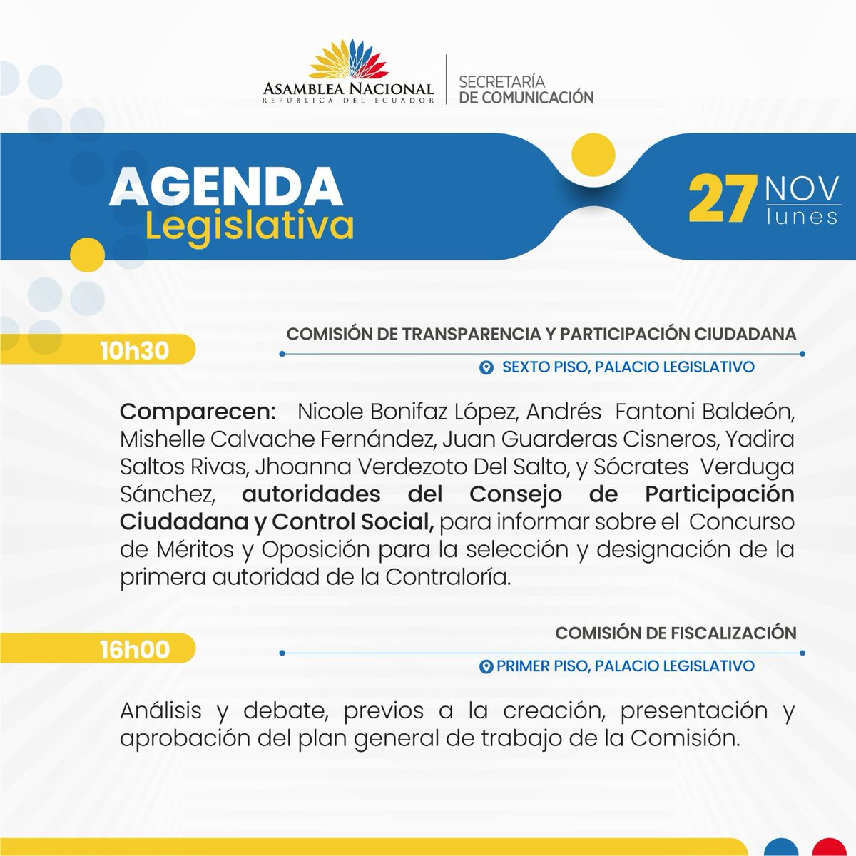 ecuainm_oficial's tweet photo. ‼️#URGENTE
 A las 10h30 del lunes 27 de noviembre, comparecerán en la Comisión de Transparencia de la @AsambleaEcuador, los consejeros del @CpccsEc, sobre el desarrollo del concurso de selección del Contralor. https://t.co/6it8UTfsjO