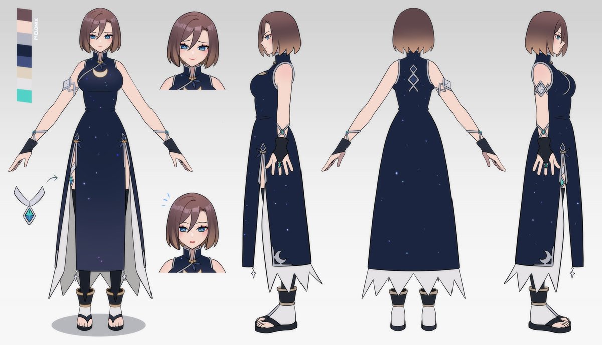 CrystenKimura's tweet photo. A turnaround model sheet of Crysten I had commissioned from Melonix on Fiverr!

Updated her look to more closely match my current DNC glam and give her a more "midnight" motif. Also gave her dress some more unique elements I'll be using for stuff later on :) https://t.co/KpPPSd9Oj5