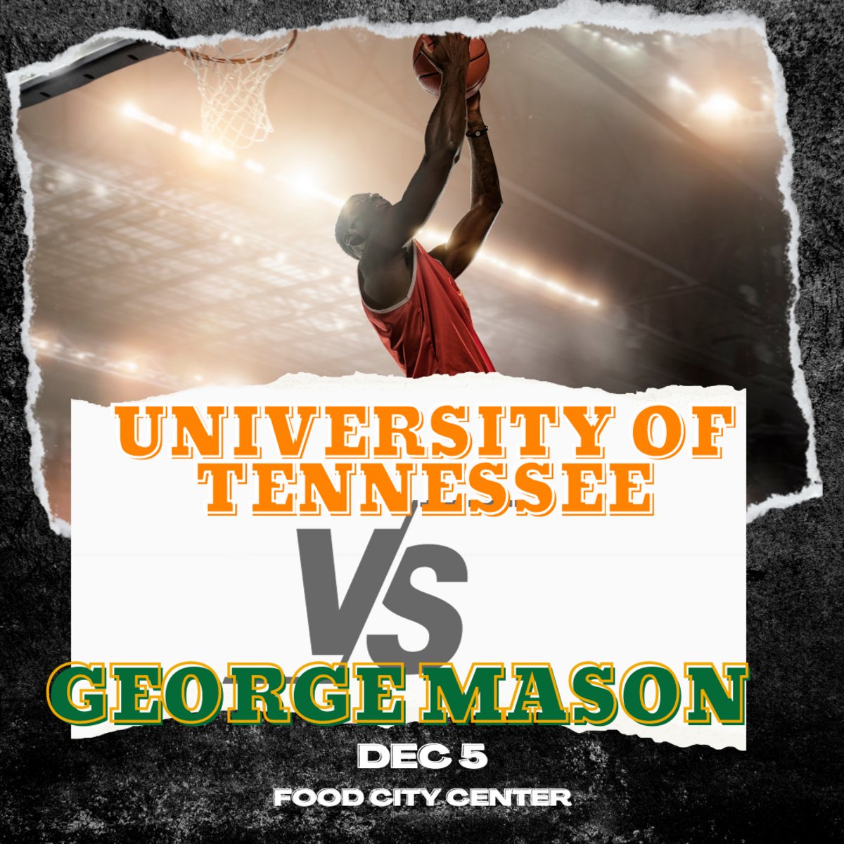 Don't miss out on seeing the #GeorgeMason vs. the #UniversityofTennessee game next Tuesday at the #FoodCityCenter! This will be a great game that will have you on your toes until the last minute! For tickets, go to:  bit.ly/400lVeg.