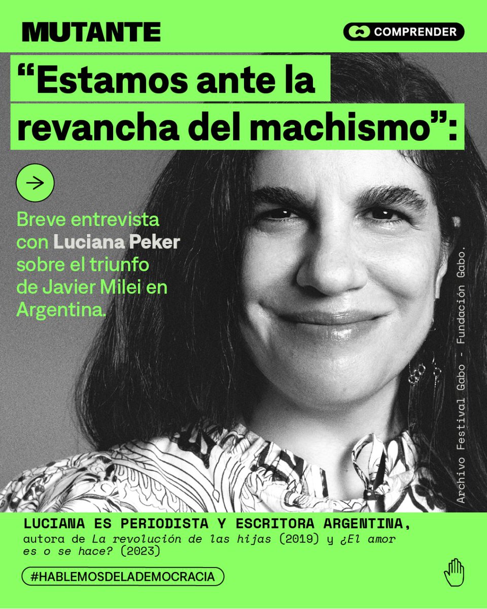 MutanteOrg's tweet photo. 🎙 @lucianapeker, periodista, escritora y activista feminista argentina nos da algunas impresiones de lo que significa el triunfo de Javier Milei el pasado 19 de noviembre para las mujeres, la economía y la búsqueda de la igualdad social en Argentina.

#HablemosDeLaDemocracia https://t.co/6OsEJgarIx
