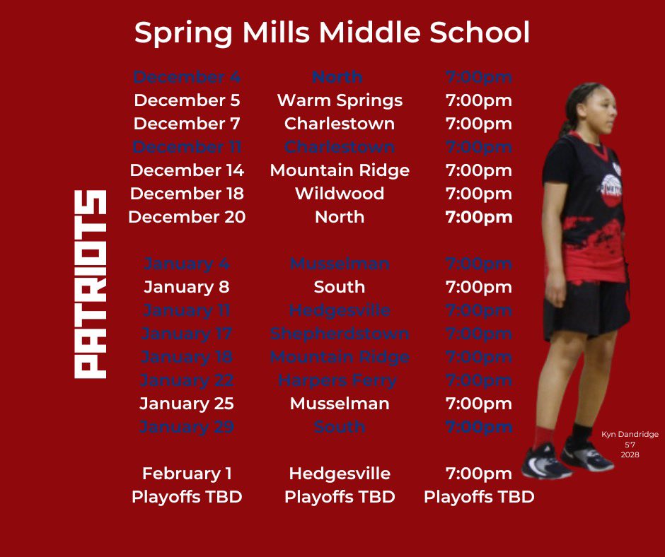 2023-2024 Varsity Middle School Schedule