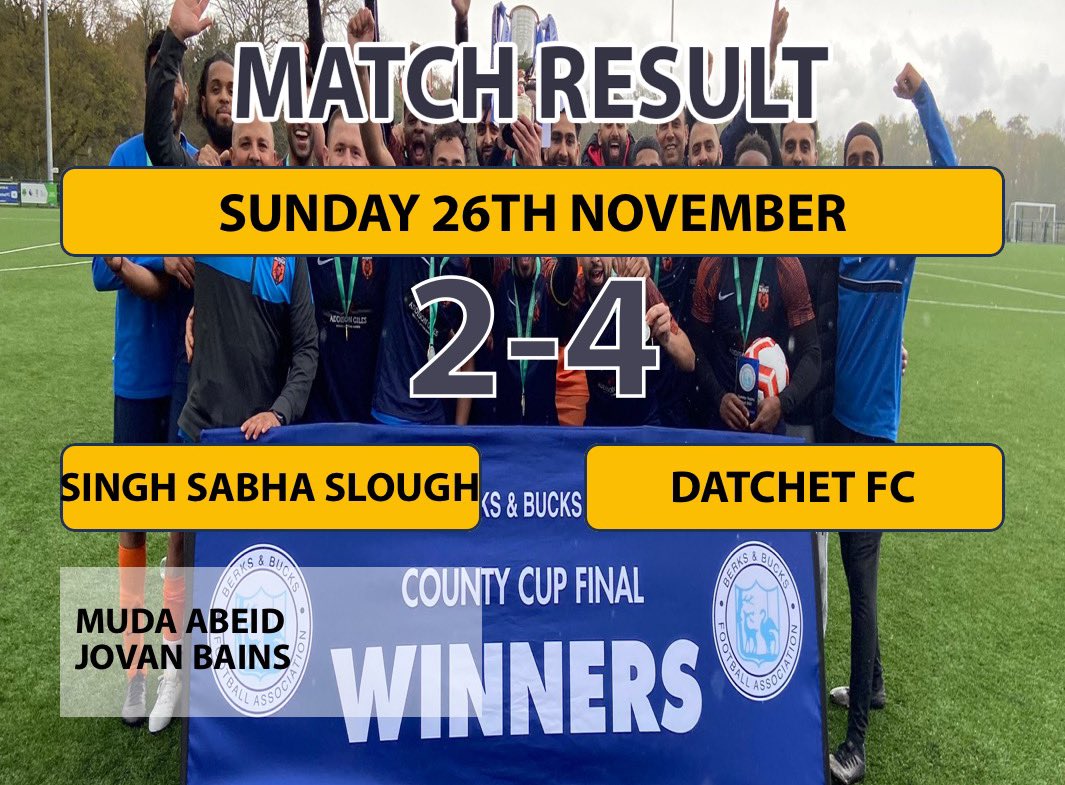 Singh Sabha Slough FC (@sabhafc) on Twitter photo Sabha suffered back to back Sunday league defeats as they went down 4-2 to against Datchet. Another poor first half saw the team go 3-0 down slow start poor attitude and deservedly punished. Need to improve on and off the pitch
Goalscorers:
Muda ⚽️
<a href="/bains_jovan/">Jovan Bains</a> ⚽️ Sabha suffered back to back Sunday league defeats as they went down 4-2 to against Datchet. Another poor first half saw the team go 3-0 down slow start poor attitude and deservedly punished. Need to improve on and off the pitch
Goalscorers:
Muda ⚽️
<a href="/bains_jovan/">Jovan Bains</a> ⚽️