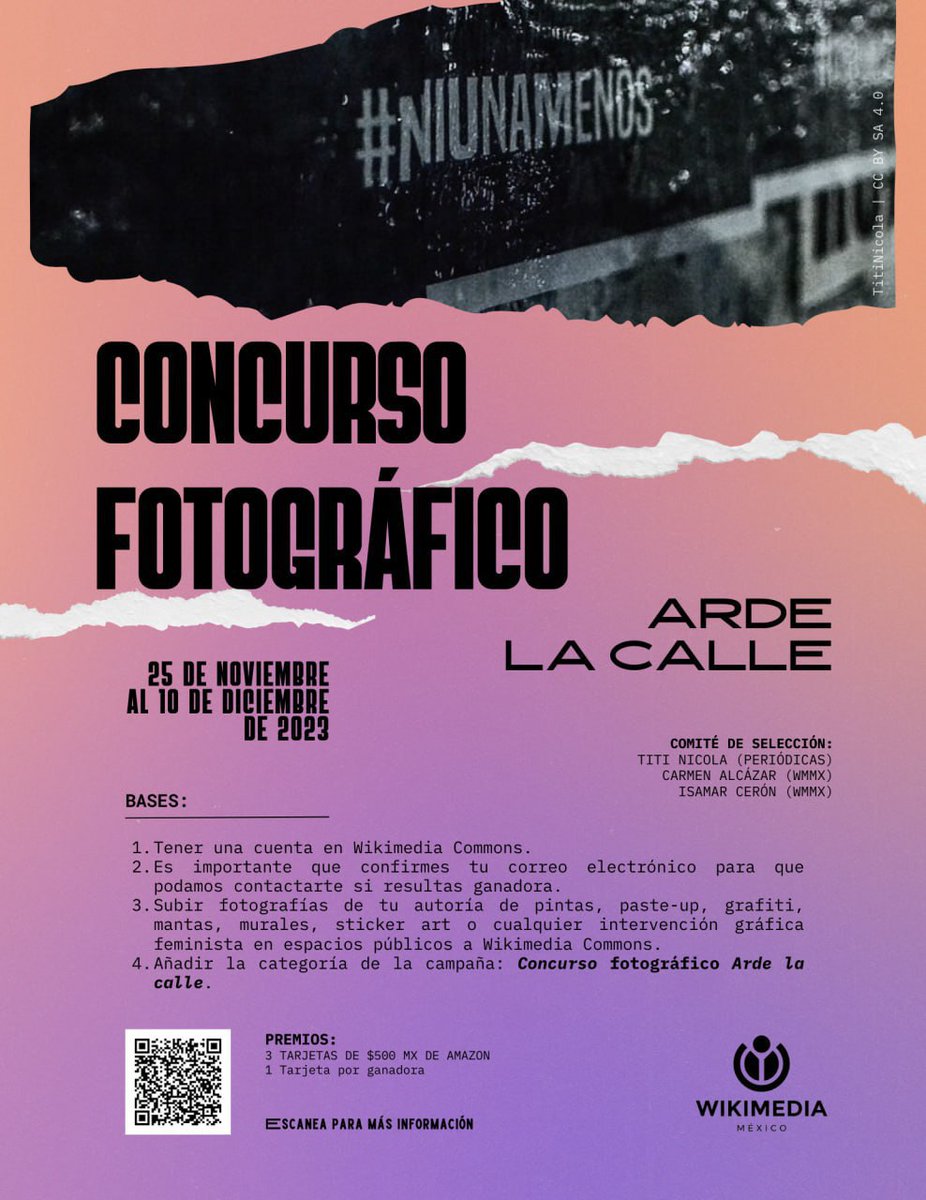 🔥📸  ¡Participa en el Concurso Fotográfico #ArdeLaCalle de <a href="/Wikimedia_mx/">Wikimedia México</a>!
Sube a <a href="/WikiCommons/">Wikimedia Commons</a> fotografías de pintas, paste-up, grafiti, mantas, murales, sticker art o cualquier intervención gráfica feminista en espacios públicos. 
#16DíasDeActivismo
es.wikipedia.org/wiki/Wikipedia…