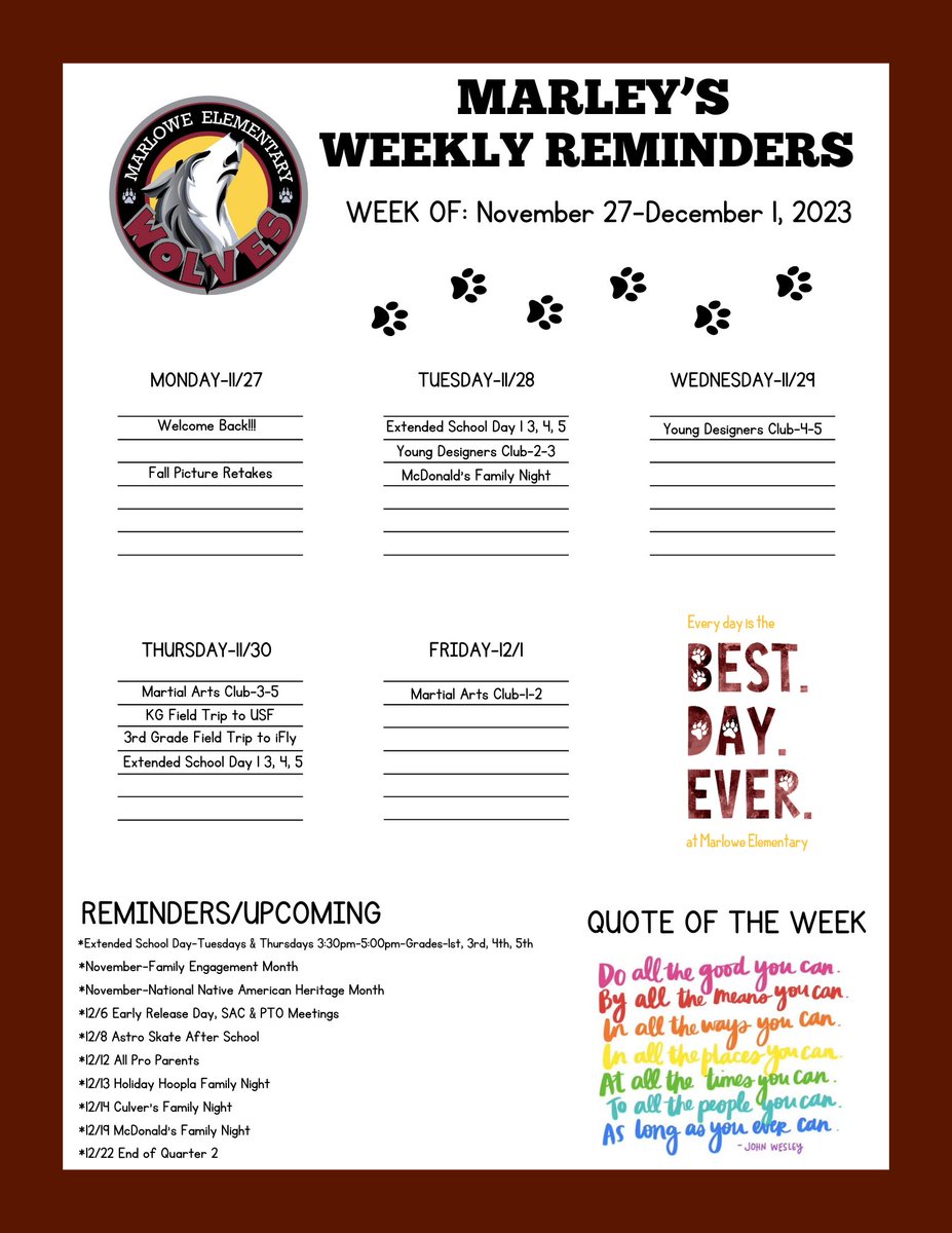 Check-out Marley's Weekly Reminders... <a href="/RayannMitchell/">Rayann Mitchell</a> <a href="/pascoschools/">Pasco County Schools</a>