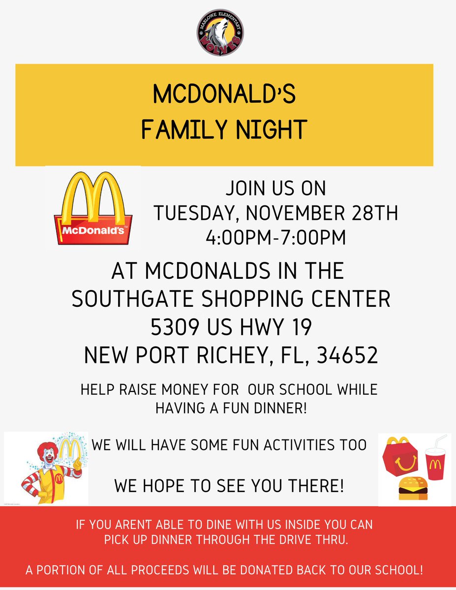Join us for McWolf Family Night at Southgate McDonalds this Tuesday,  4 -7 PM. <a href="/pascoschools/">Pasco County Schools</a> <a href="/McDonalds/">McDonald's</a>