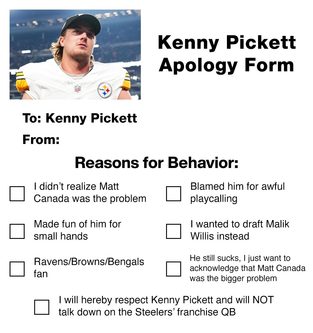 ghetto_gronk's tweet photo. Kenny Pickett apology form 📝 https://t.co/EZErnspuNY