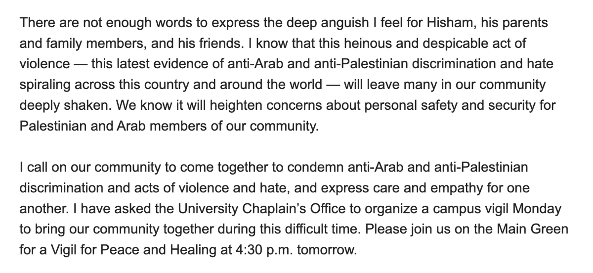 Statement of support from <a href="/BrownUniversity/">Brown University</a> President Christina Paxson about the shooting of three Palestinian students in Vermont this weekend.