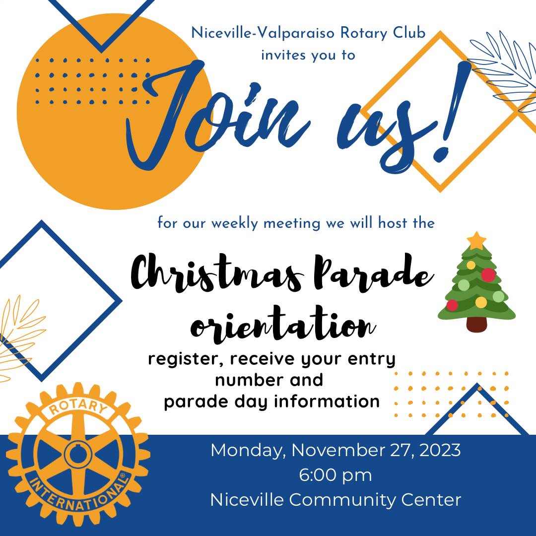 NicevilleRotary's tweet photo. 2023 Christmas Parade Meeting!
Monday, November 27, 2023   6:00pm
Niceville Community Center
Orientation &amp; Late Registration
#nicevillechristmasparade #valparaisochristmasparade #holidayparade #createhopeintheworld https://t.co/MezooyrASu