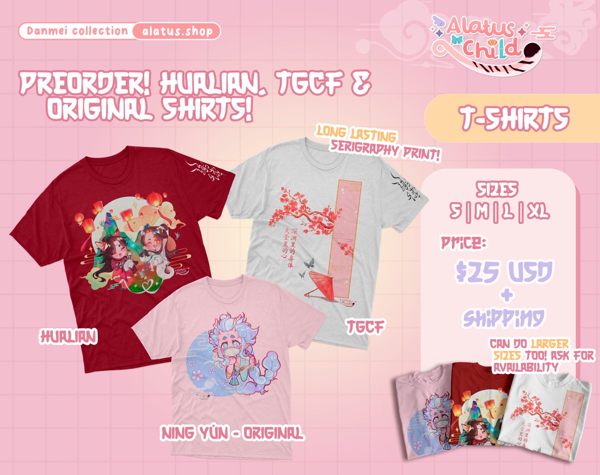 🦋 TGCF/Hualian/original shirts PREORDER🦋
[RT's are appreciated!]

they're expected for Dec-early Jan at much! 

❦ +8 inks serigraphy print, long lasting 
❦ hualian & tgcf with sleeve print
❦ brand-exclusive OC shirt, ning yún! special discount ✨

LINK FOR PURCHASE BELOW🔻🍁